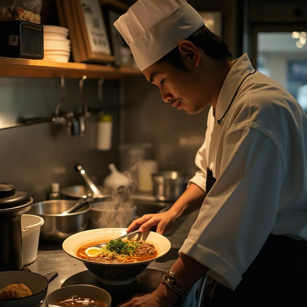 Chef Takashi preparando el primer tazón de ramen en 2016