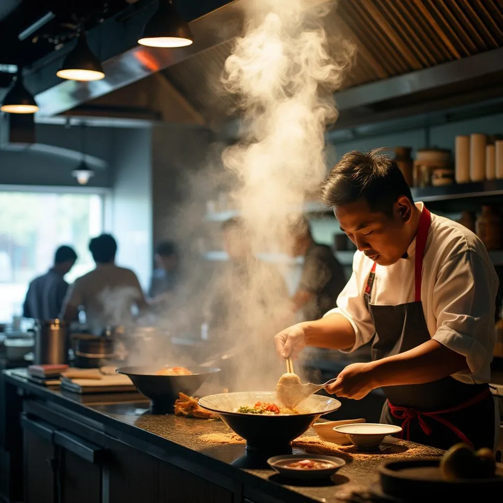Chef preparando ramen en la cocina abierta