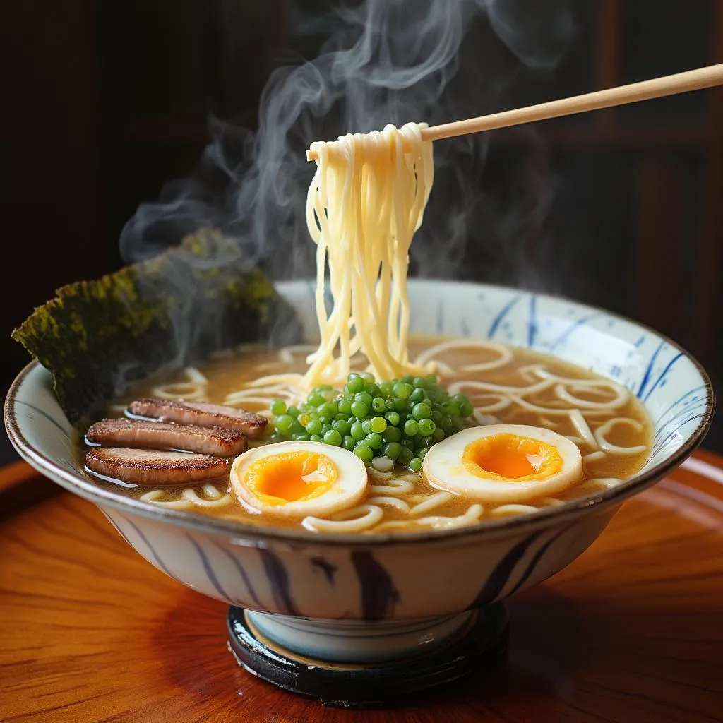 Detalle de tazón de ramen tonkotsu perfectamente presentado