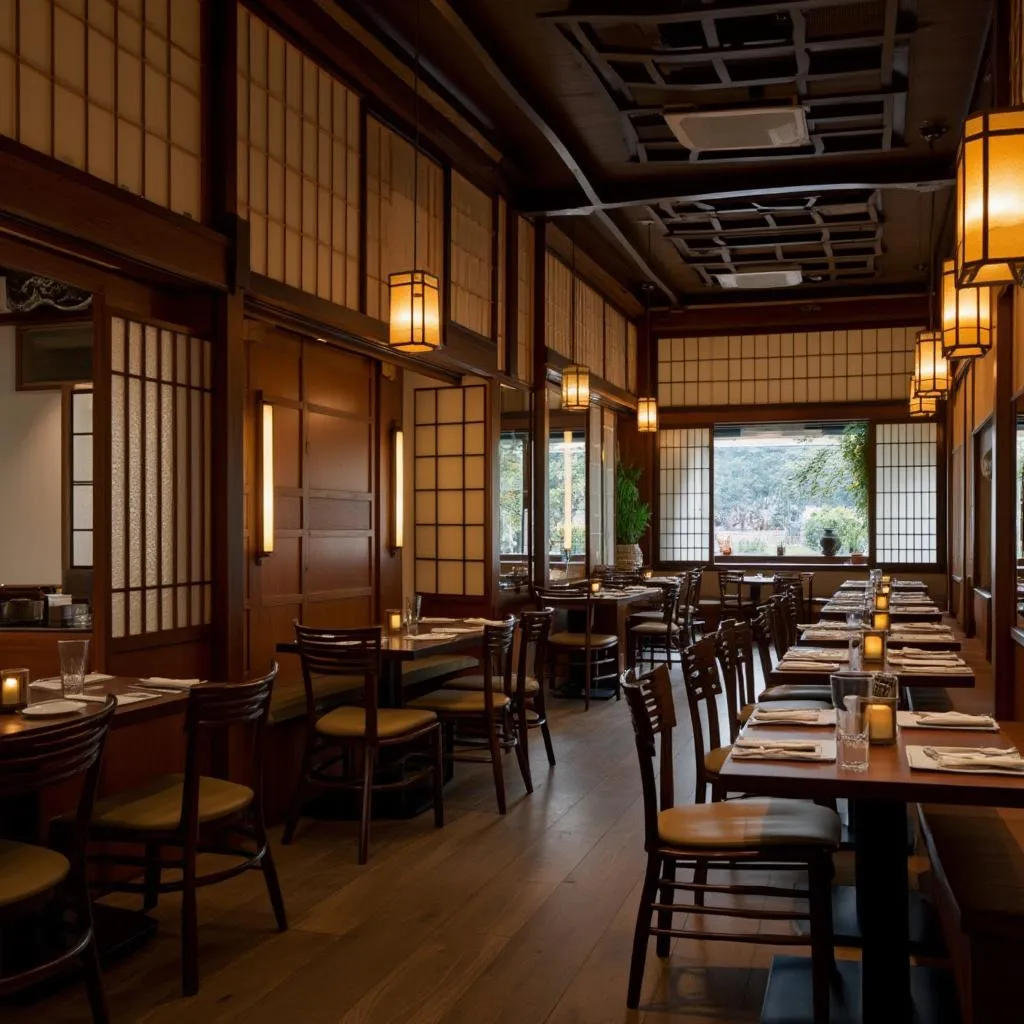 Interior del restaurante TOMO NO RAMEN con decoración japonesa tradicional