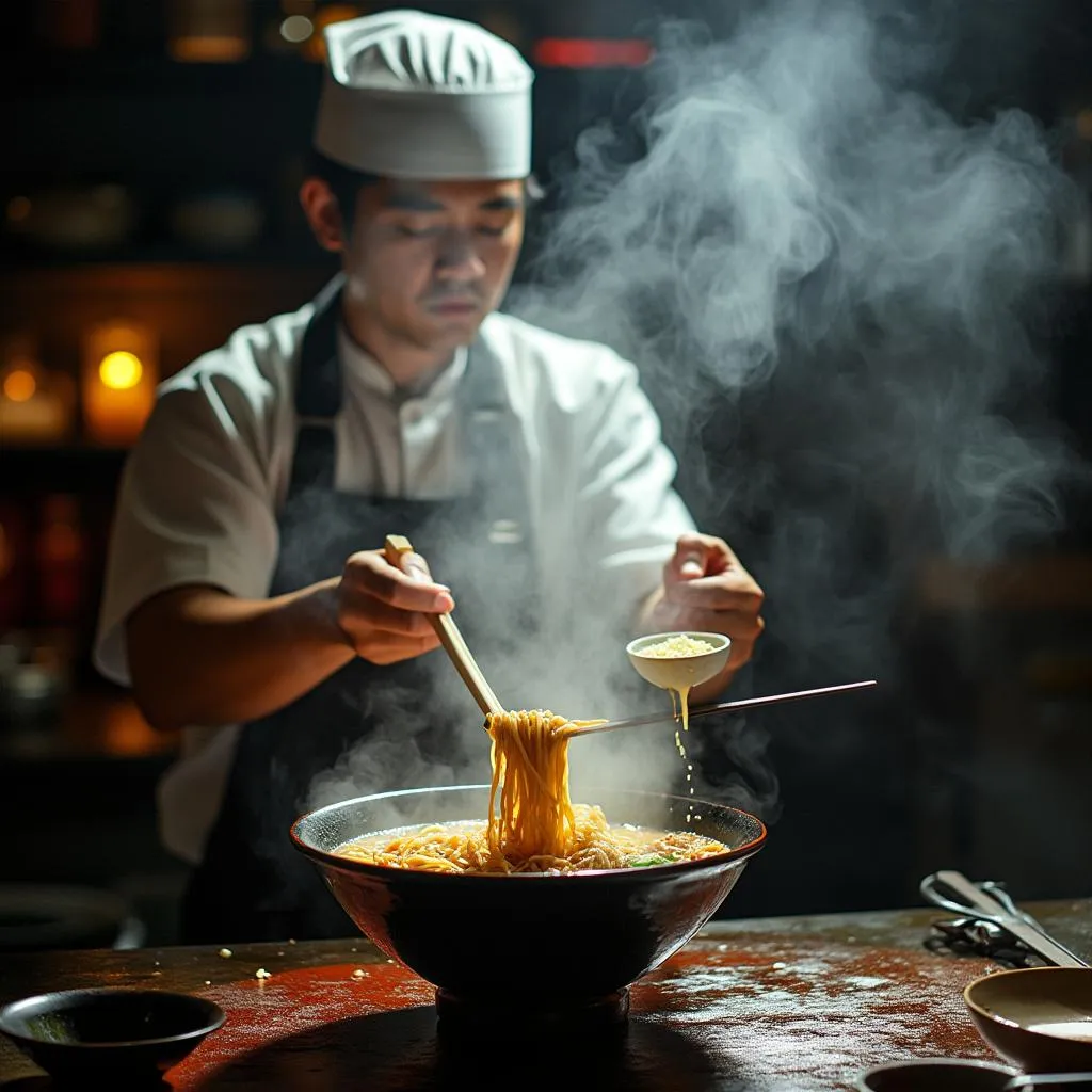 Chef preparando ramen artesanal
